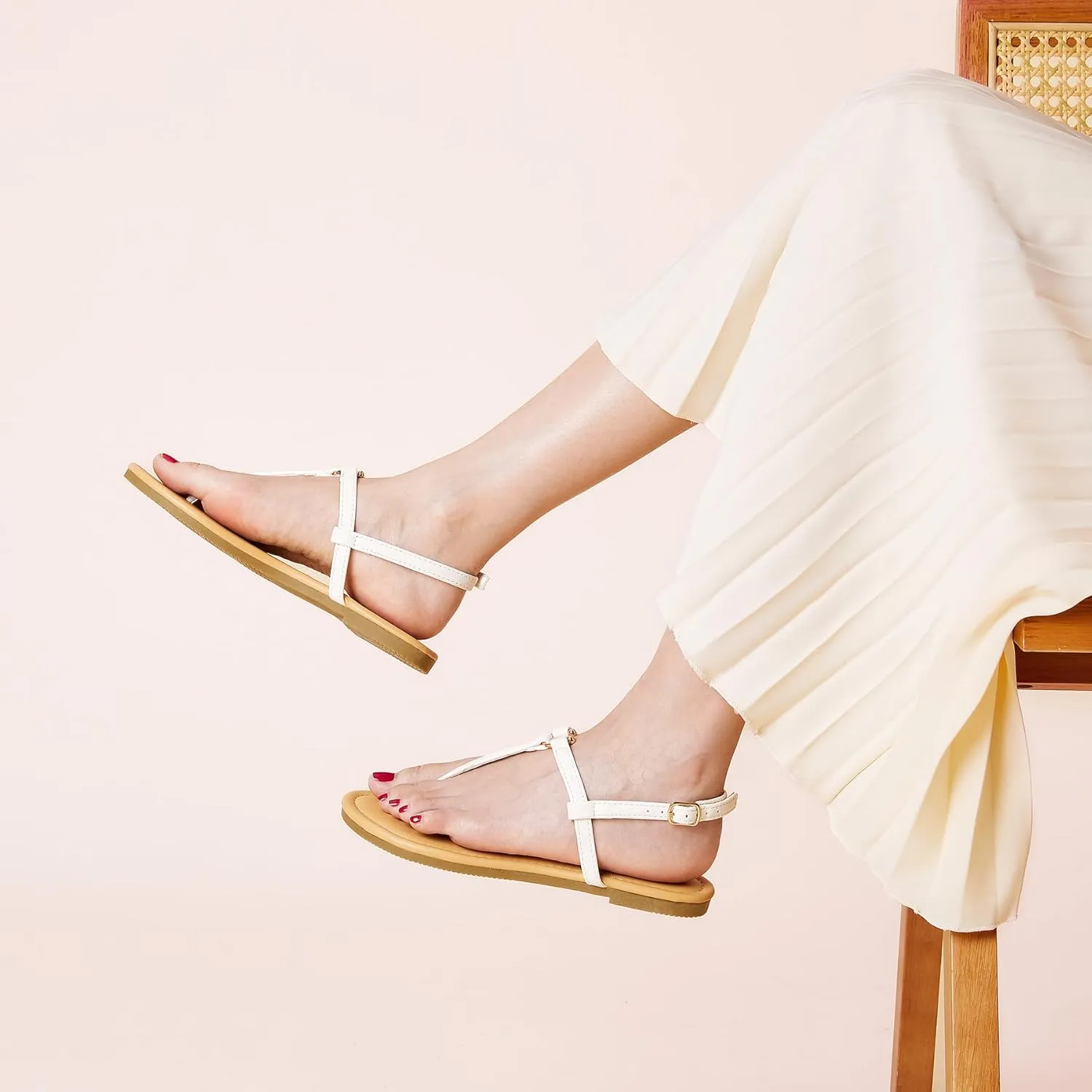 SANDALUP Thong Flat Sandals with Ring Metal and Adjustable Ankle Buckle for Women Summer