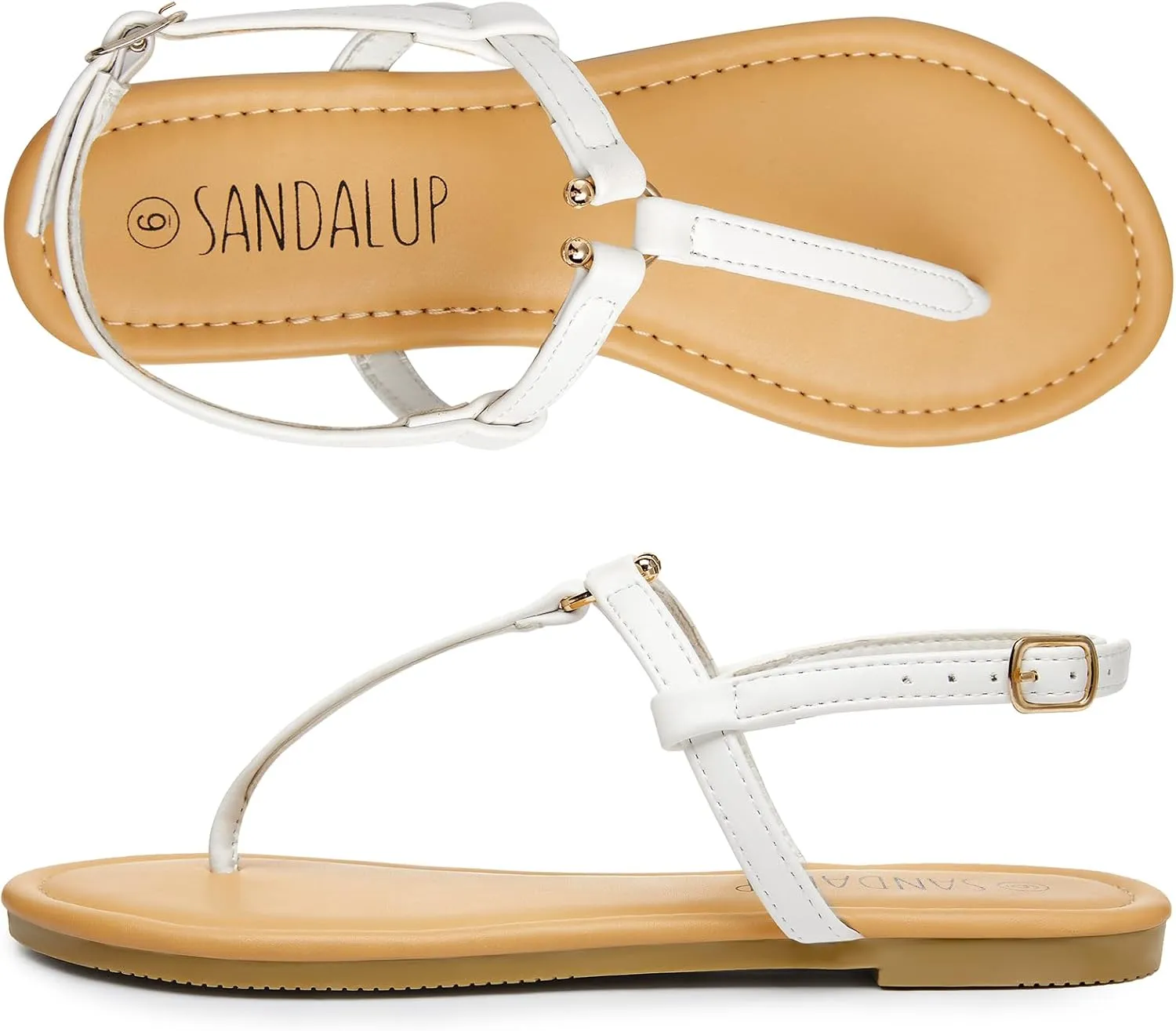 SANDALUP Thong Flat Sandals with Ring Metal and Adjustable Ankle Buckle for Women Summer