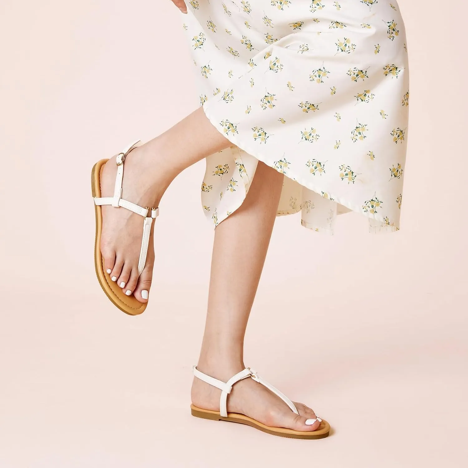 SANDALUP Thong Flat Sandals with Ring Metal and Adjustable Ankle Buckle for Women Summer