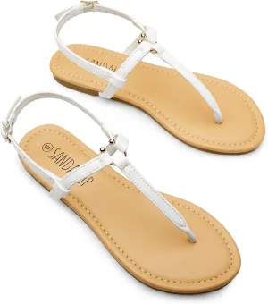 SANDALUP Thong Flat Sandals with Ring Metal and Adjustable Ankle Buckle for Women Summer
