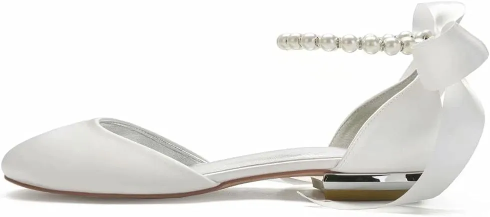 Satin Pearls Wedding Flats Shoes for Bride Round Toe Formal Evening Party Dress Flat Shoes Women 5049-63