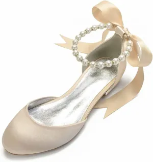 Satin Pearls Wedding Flats Shoes for Bride Round Toe Formal Evening Party Dress Flat Shoes Women 5049-63