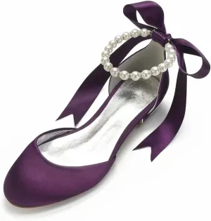 Satin Pearls Wedding Flats Shoes for Bride Round Toe Formal Evening Party Dress Flat Shoes Women 5049-63