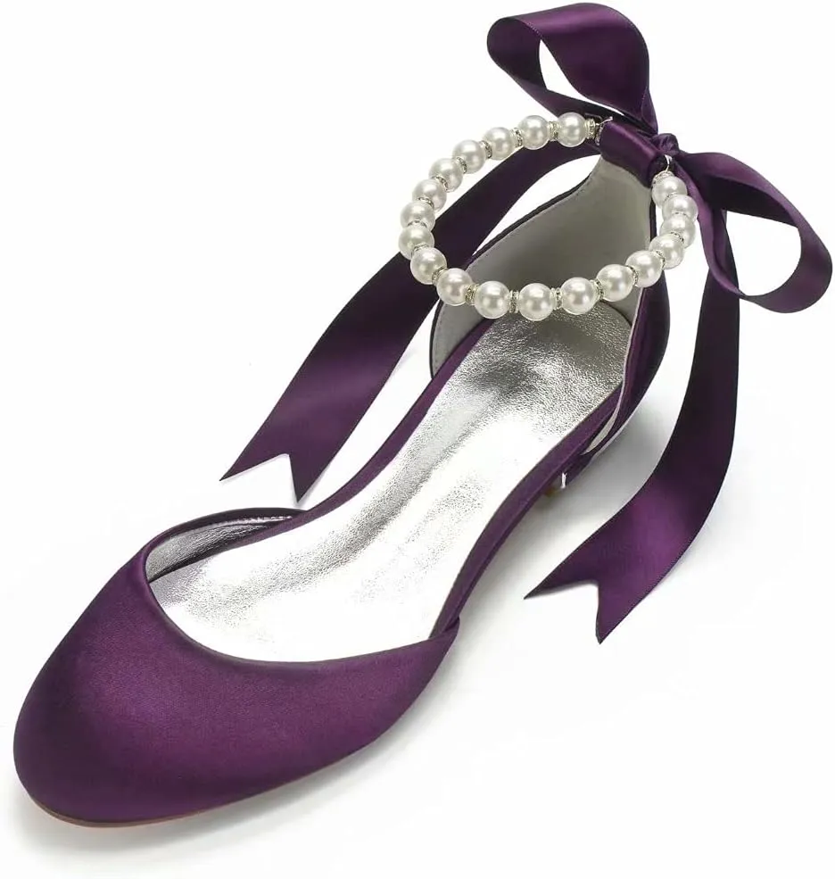 Satin Pearls Wedding Flats Shoes for Bride Round Toe Formal Evening Party Dress Flat Shoes Women 5049-63