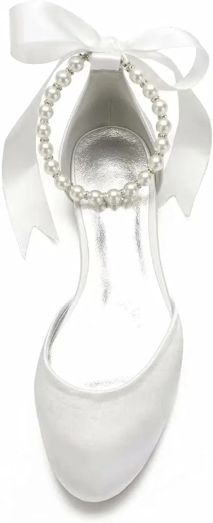 Satin Pearls Wedding Flats Shoes for Bride Round Toe Formal Evening Party Dress Flat Shoes Women 5049-63