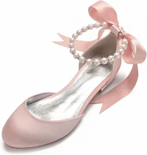Satin Pearls Wedding Flats Shoes for Bride Round Toe Formal Evening Party Dress Flat Shoes Women 5049-63