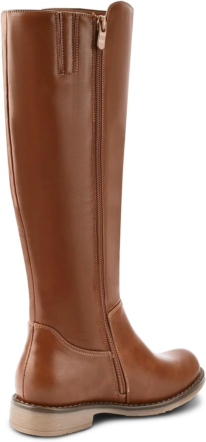 Shoe'N Tale Women's Knee High Boots Flat Low Heel Stretchy Round Toe with Side Zipper