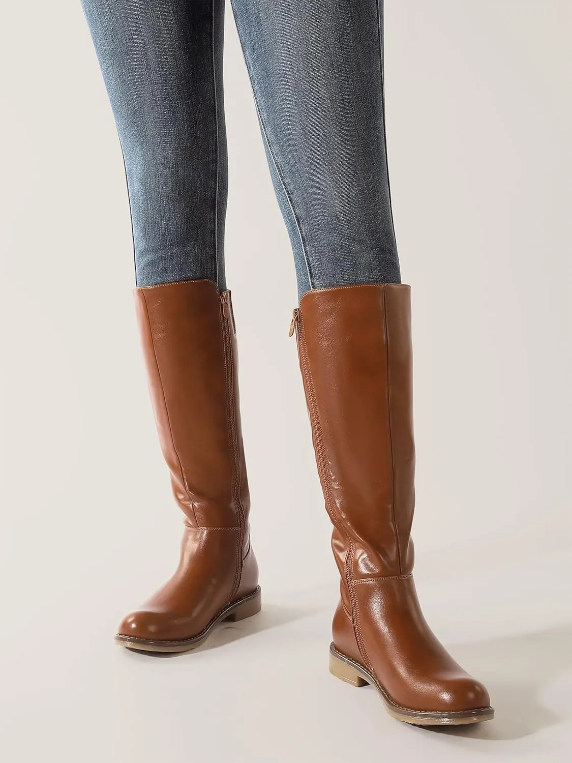 Shoe'N Tale Women's Knee High Boots Flat Low Heel Stretchy Round Toe with Side Zipper