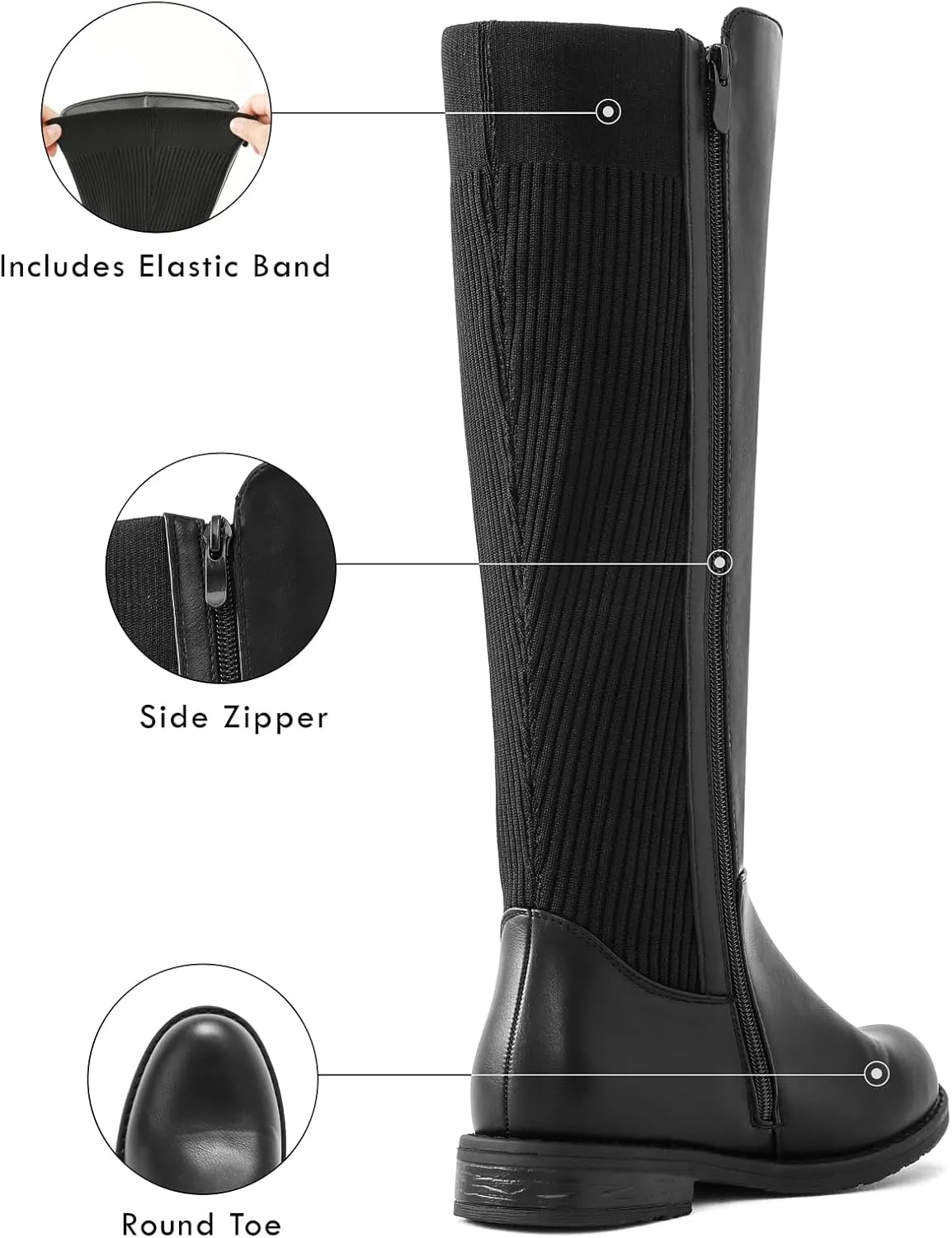 Shoe'N Tale Women's Knee High Boots Flat Low Heel Stretchy Round Toe with Side Zipper