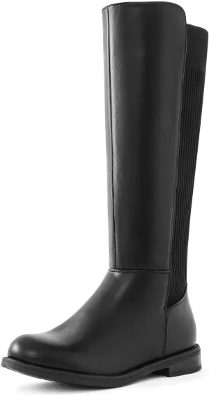 Shoe'N Tale Women's Knee High Boots Flat Low Heel Stretchy Round Toe with Side Zipper