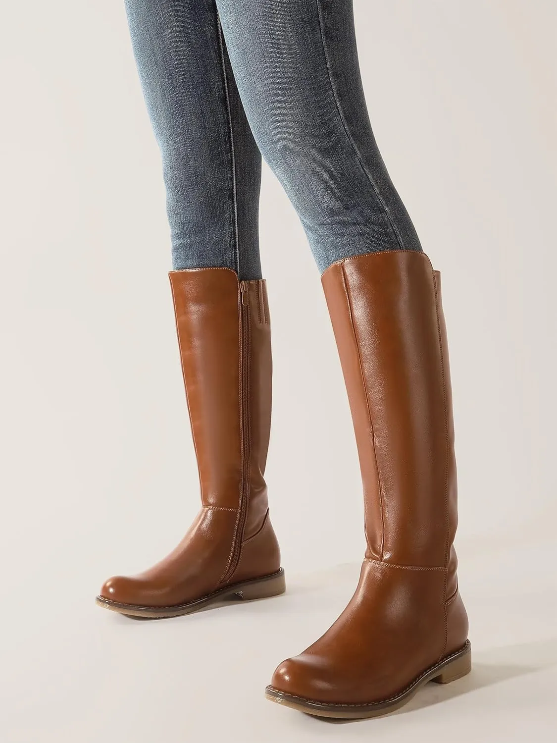 Shoe'N Tale Women's Knee High Boots Flat Low Heel Stretchy Round Toe with Side Zipper
