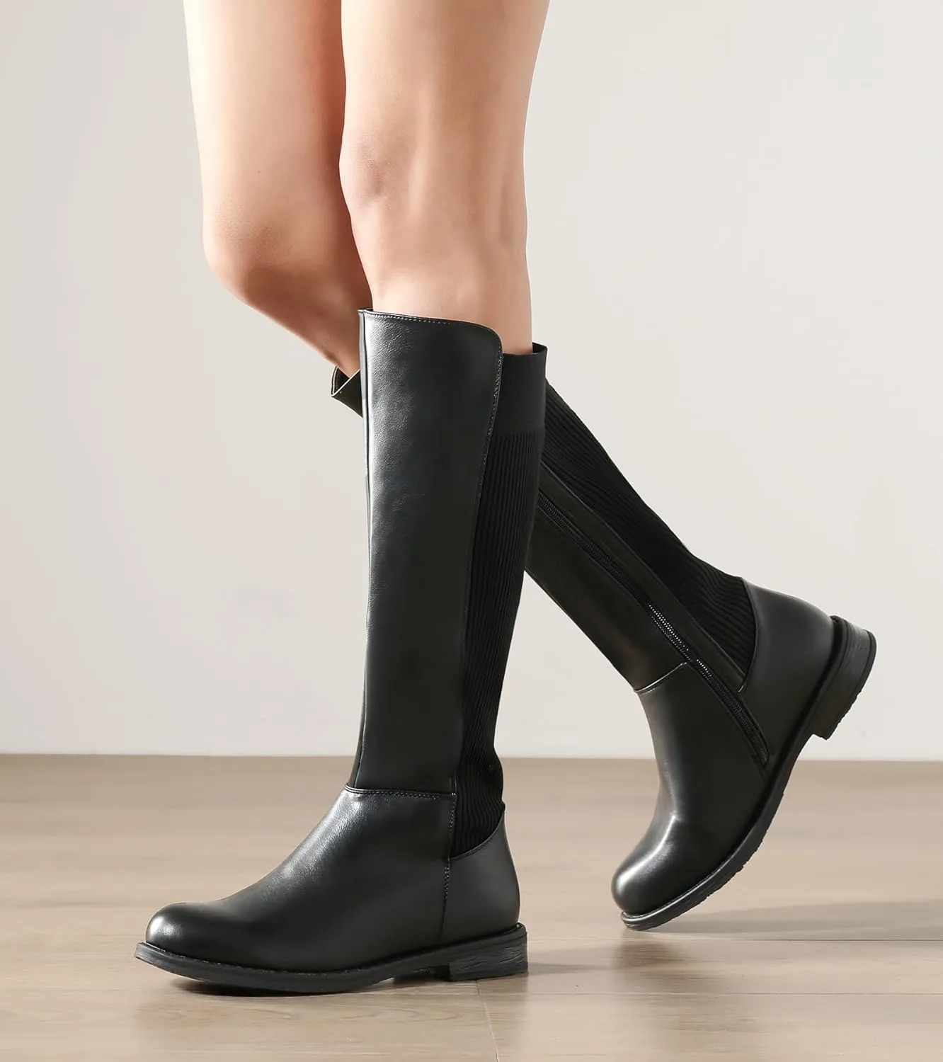 Shoe'N Tale Women's Knee High Boots Flat Low Heel Stretchy Round Toe with Side Zipper