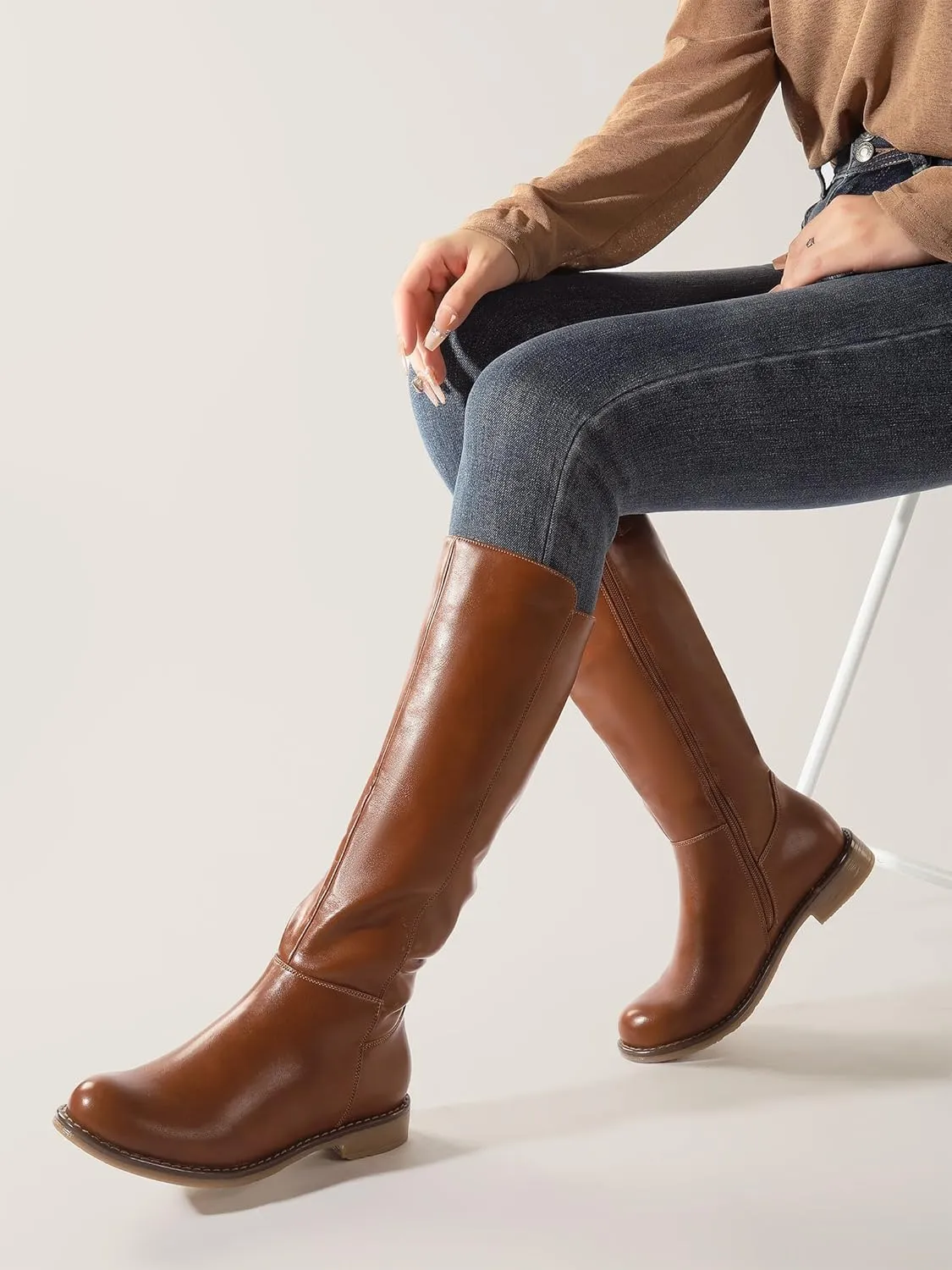 Shoe'N Tale Women's Knee High Boots Flat Low Heel Stretchy Round Toe with Side Zipper
