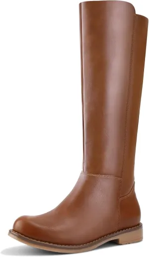 Shoe'N Tale Women's Knee High Boots Flat Low Heel Stretchy Round Toe with Side Zipper