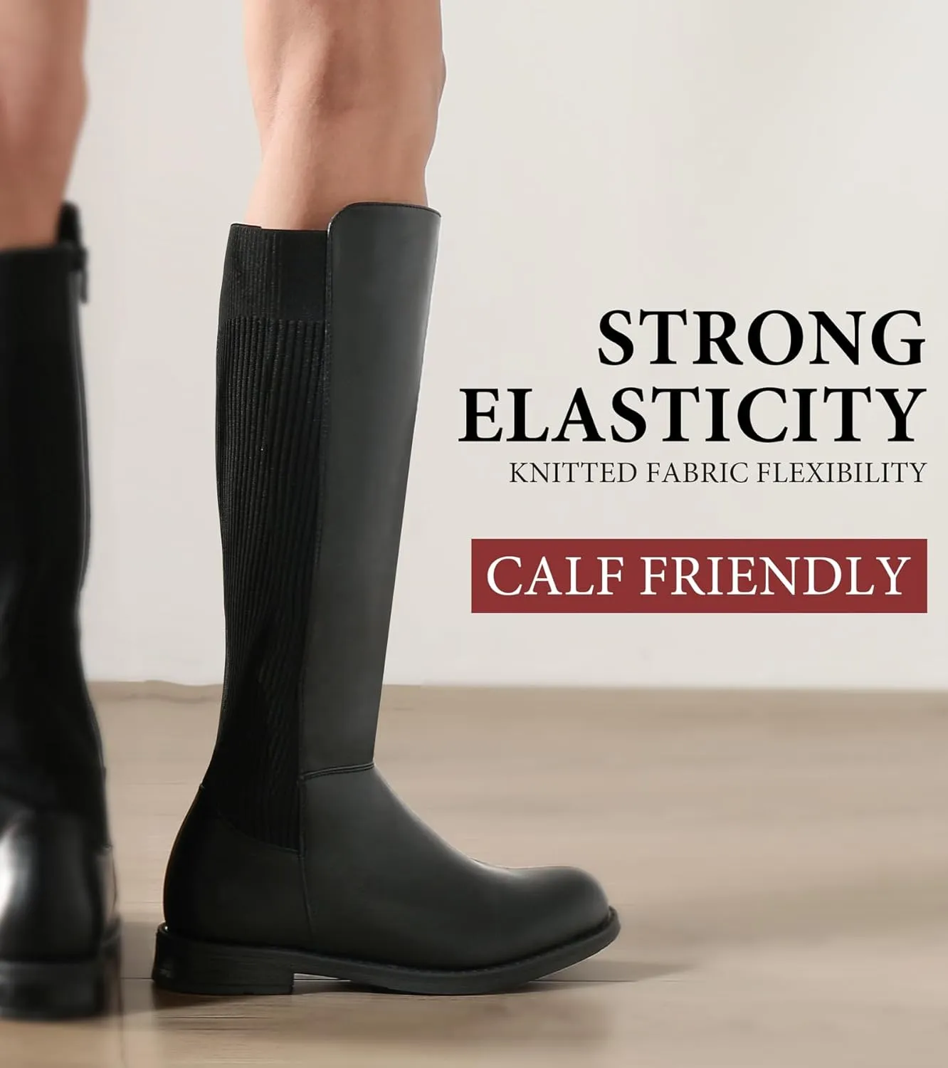 Shoe'N Tale Women's Knee High Boots Flat Low Heel Stretchy Round Toe with Side Zipper
