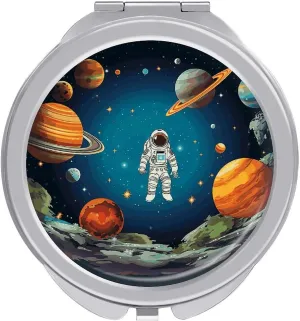 Small Makeup Mirror Outer Space Rocket Astronaut Printed Compact Mirror for Women Round Folding Mirrors for Home and Travel