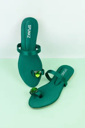 Spunkz Emerald Green Heart Shape Diamond Toe Ring Flats-11076