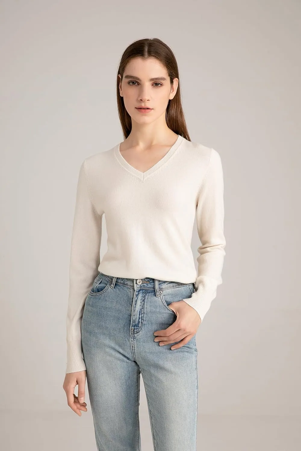 State Cashmere Women’s Essential V-Neck Sweater 100% Pure Cashmere Classic Long Sleeve Pullover