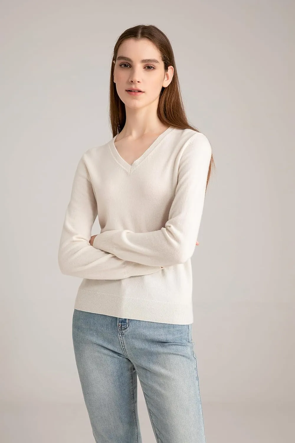 State Cashmere Women’s Essential V-Neck Sweater 100% Pure Cashmere Classic Long Sleeve Pullover