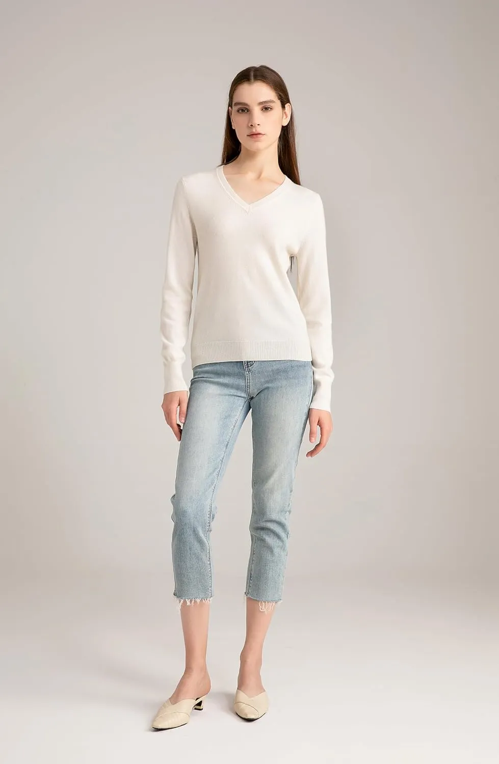State Cashmere Women’s Essential V-Neck Sweater 100% Pure Cashmere Classic Long Sleeve Pullover