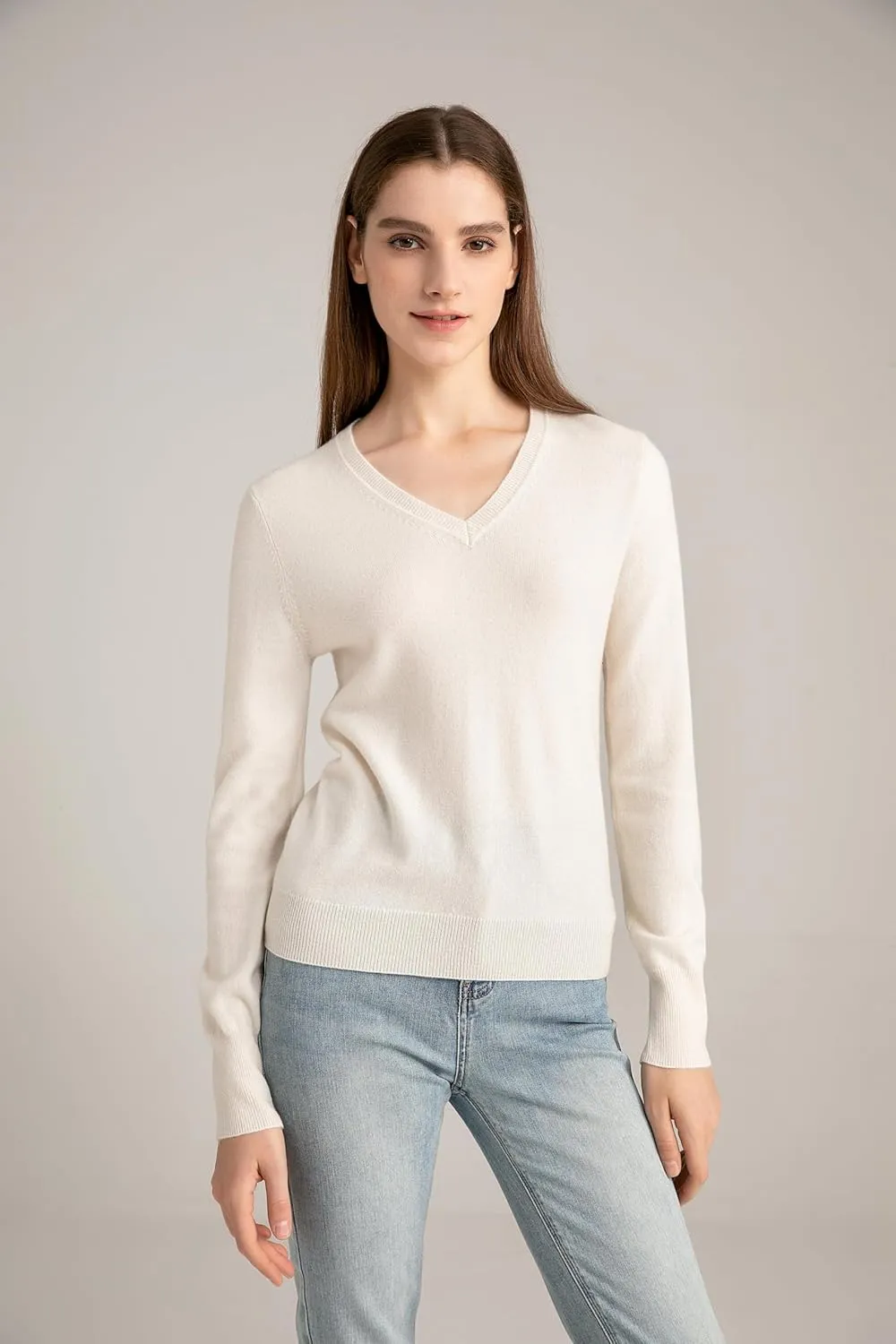 State Cashmere Women’s Essential V-Neck Sweater 100% Pure Cashmere Classic Long Sleeve Pullover