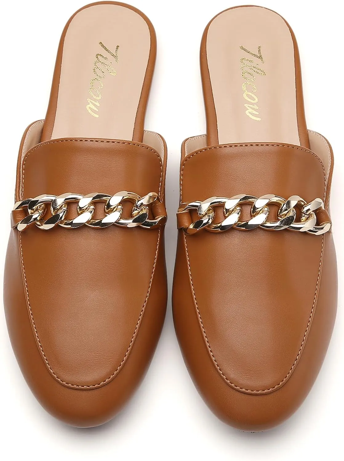 Tilocow Metal Chain Decor Flat Mules for Women Closed Round Toe Slip on Loafers Slides Backless Mules Flats