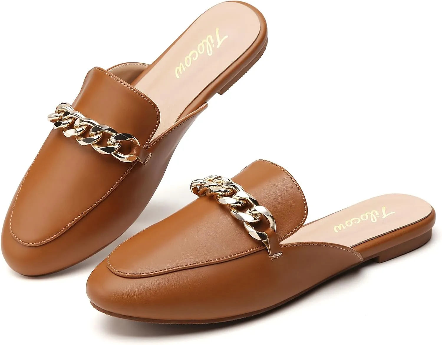 Tilocow Metal Chain Decor Flat Mules for Women Closed Round Toe Slip on Loafers Slides Backless Mules Flats