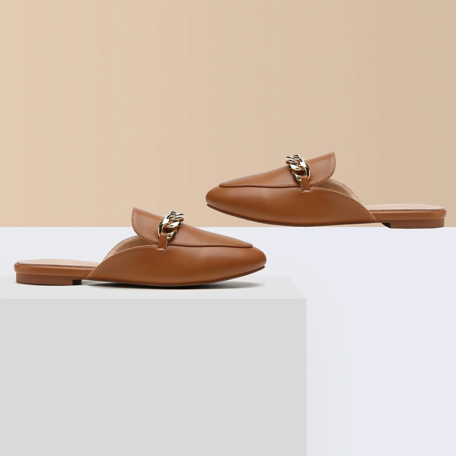 Tilocow Metal Chain Decor Flat Mules for Women Closed Round Toe Slip on Loafers Slides Backless Mules Flats