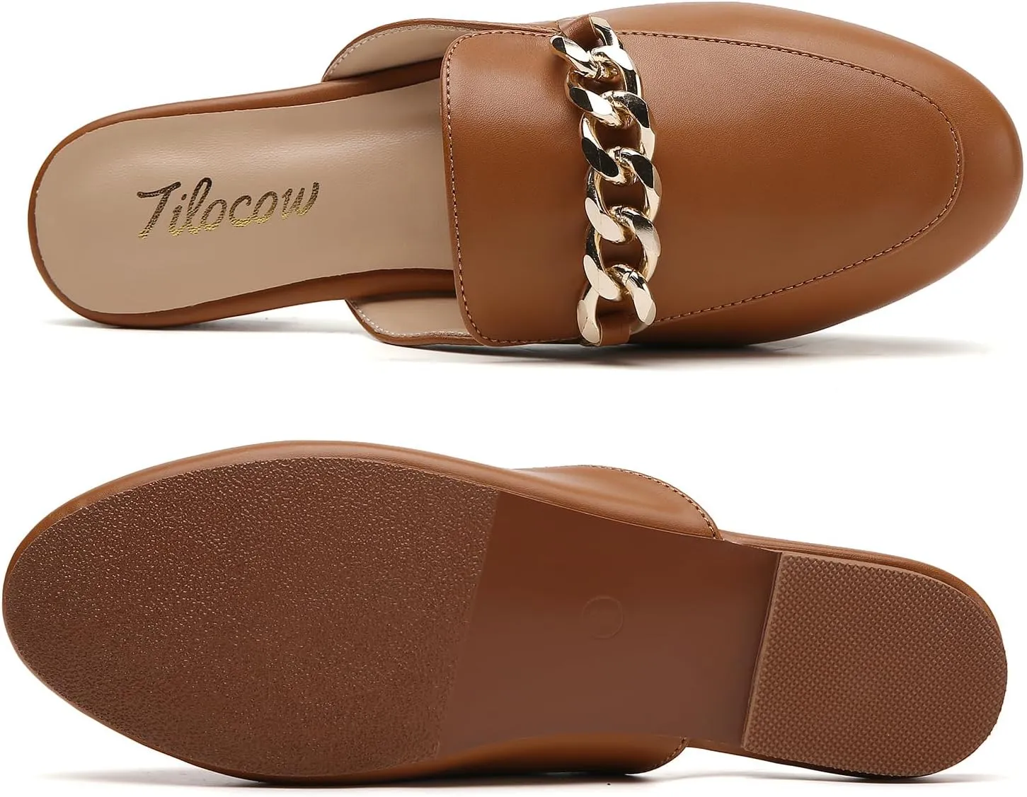 Tilocow Metal Chain Decor Flat Mules for Women Closed Round Toe Slip on Loafers Slides Backless Mules Flats