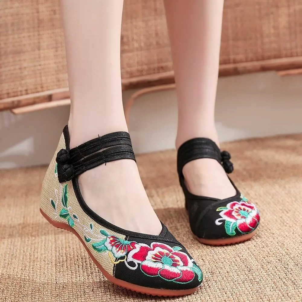 TN TANGNEST Women's Floral Embroidered Vintange Buckle Flat Shoes Round Toe Dress Mary Jane Shoes