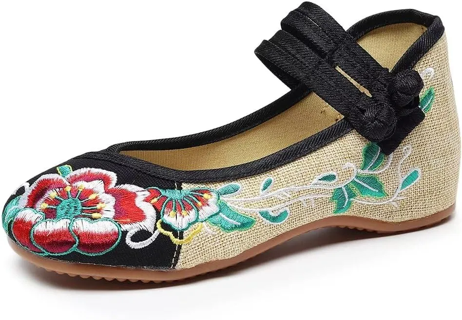 TN TANGNEST Women's Floral Embroidered Vintange Buckle Flat Shoes Round Toe Dress Mary Jane Shoes