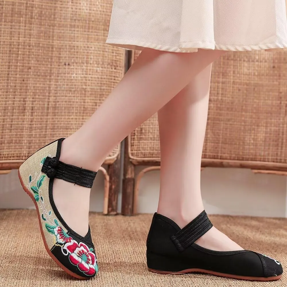 TN TANGNEST Women's Floral Embroidered Vintange Buckle Flat Shoes Round Toe Dress Mary Jane Shoes
