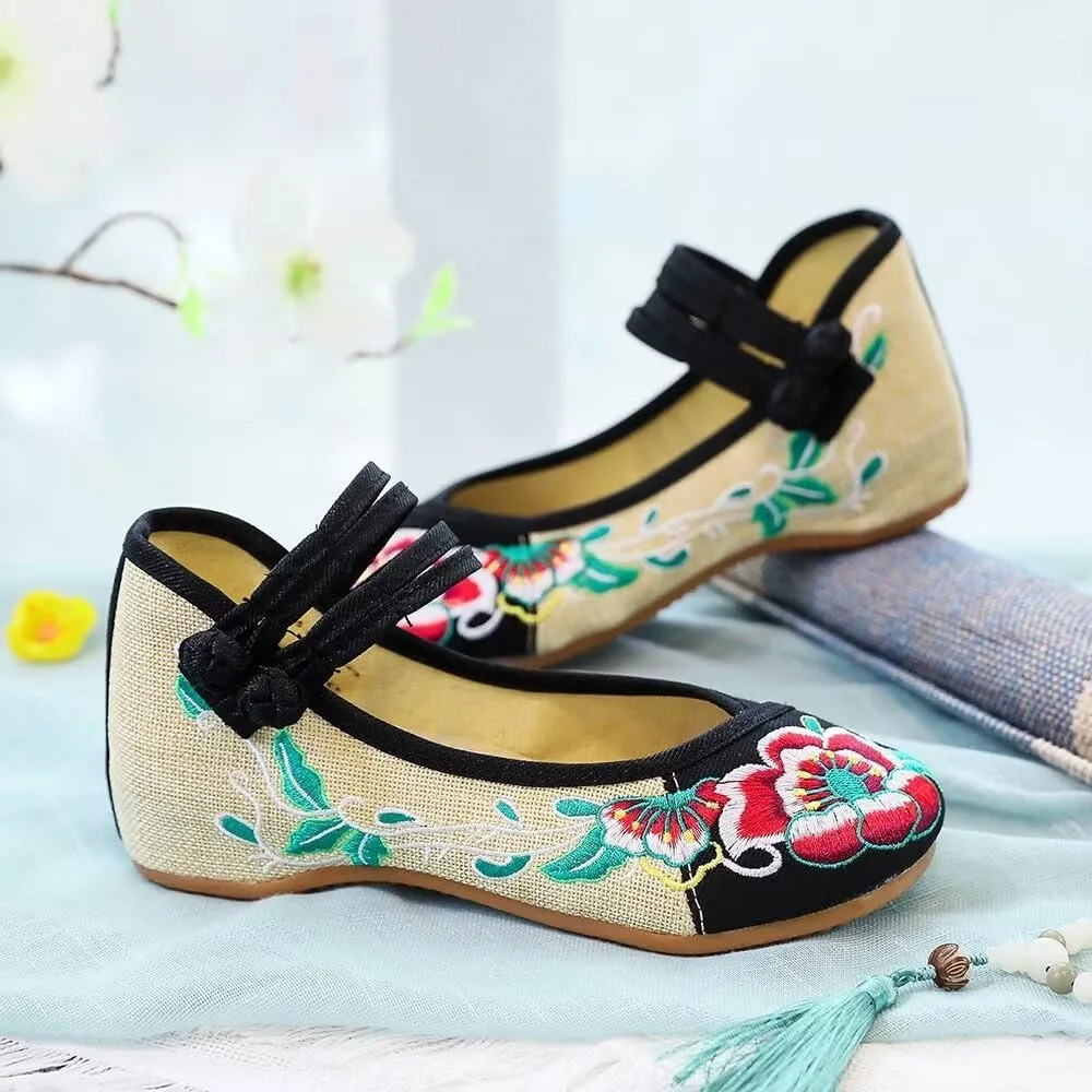 TN TANGNEST Women's Floral Embroidered Vintange Buckle Flat Shoes Round Toe Dress Mary Jane Shoes