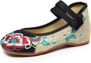 TN TANGNEST Women's Floral Embroidered Vintange Buckle Flat Shoes Round Toe Dress Mary Jane Shoes