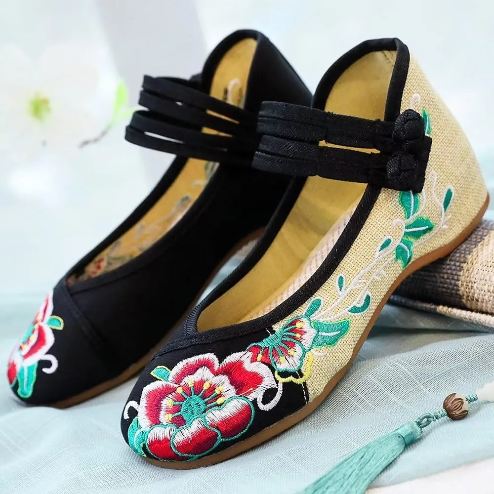 TN TANGNEST Women's Floral Embroidered Vintange Buckle Flat Shoes Round Toe Dress Mary Jane Shoes