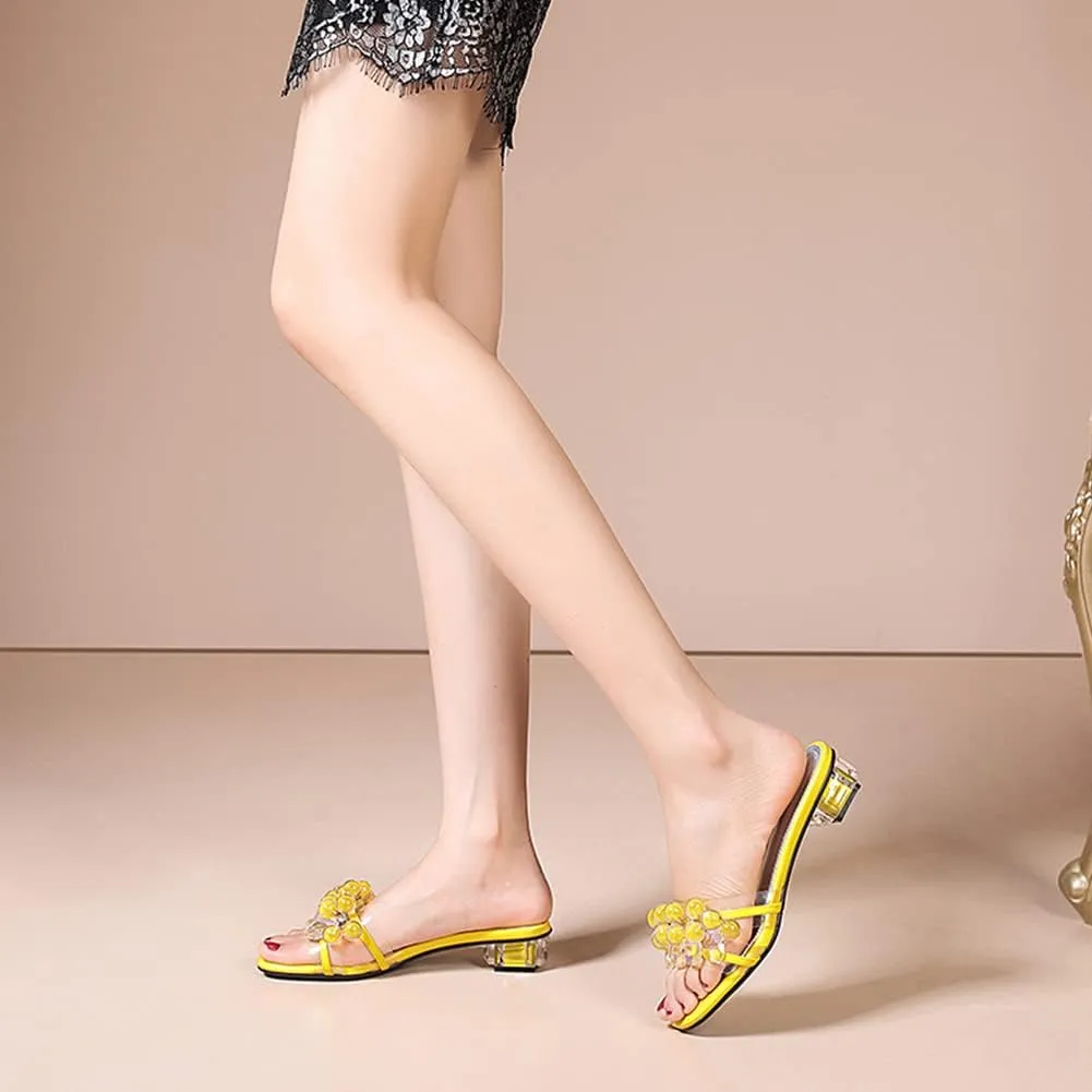 Tscoyuki Women's Transparent Chunky Heel Sandals, Slip On Pearl/Rhinestones Mule Open Toe Pumps Dress Sandals