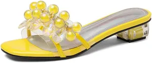 Tscoyuki Women's Transparent Chunky Heel Sandals, Slip On Pearl/Rhinestones Mule Open Toe Pumps Dress Sandals
