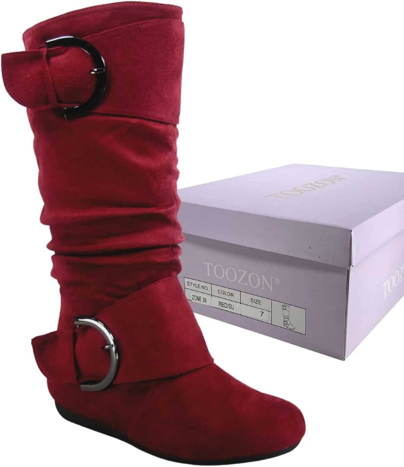 TZ Zone-38 Women's Closed Round Toe Flat Heel Buckle Slouchy Mid-Calf Casual Boots