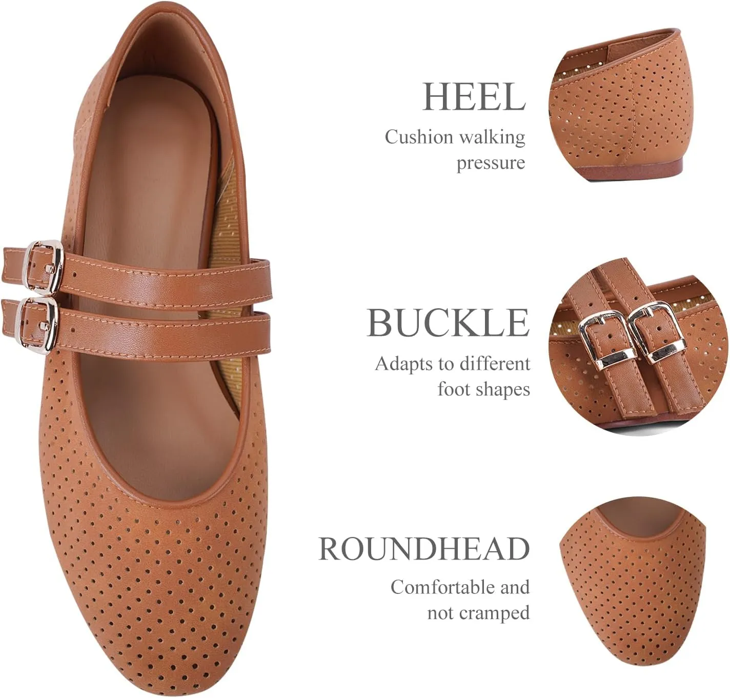 UBWDU Suede Mary Jane Flats for Women Perforated Round Toe Ballet Flats Comfortable Ballerina Shoes with Double Buckle Strap