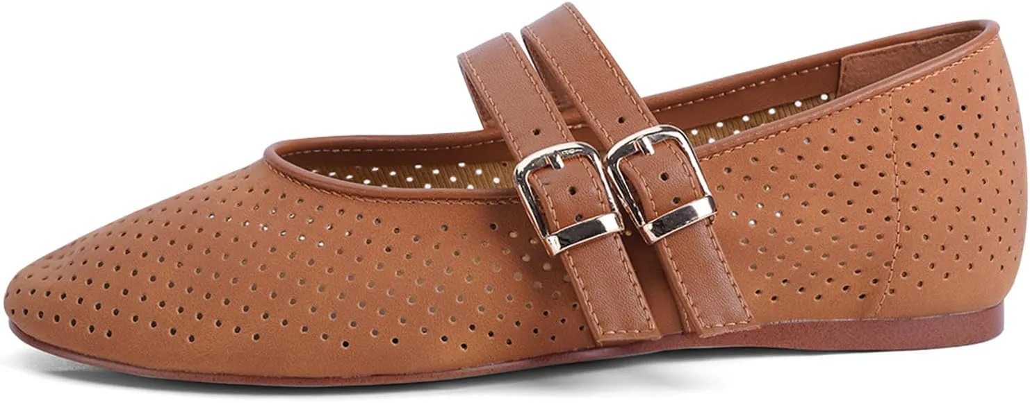 UBWDU Suede Mary Jane Flats for Women Perforated Round Toe Ballet Flats Comfortable Ballerina Shoes with Double Buckle Strap