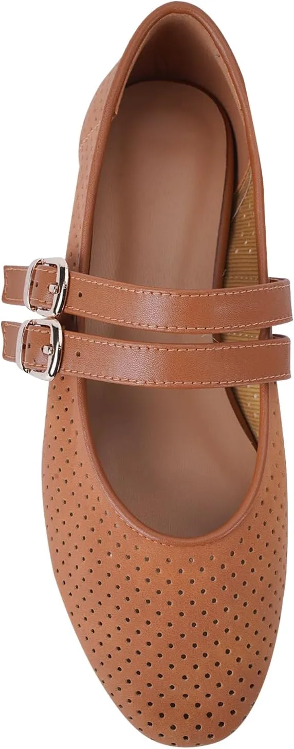 UBWDU Suede Mary Jane Flats for Women Perforated Round Toe Ballet Flats Comfortable Ballerina Shoes with Double Buckle Strap
