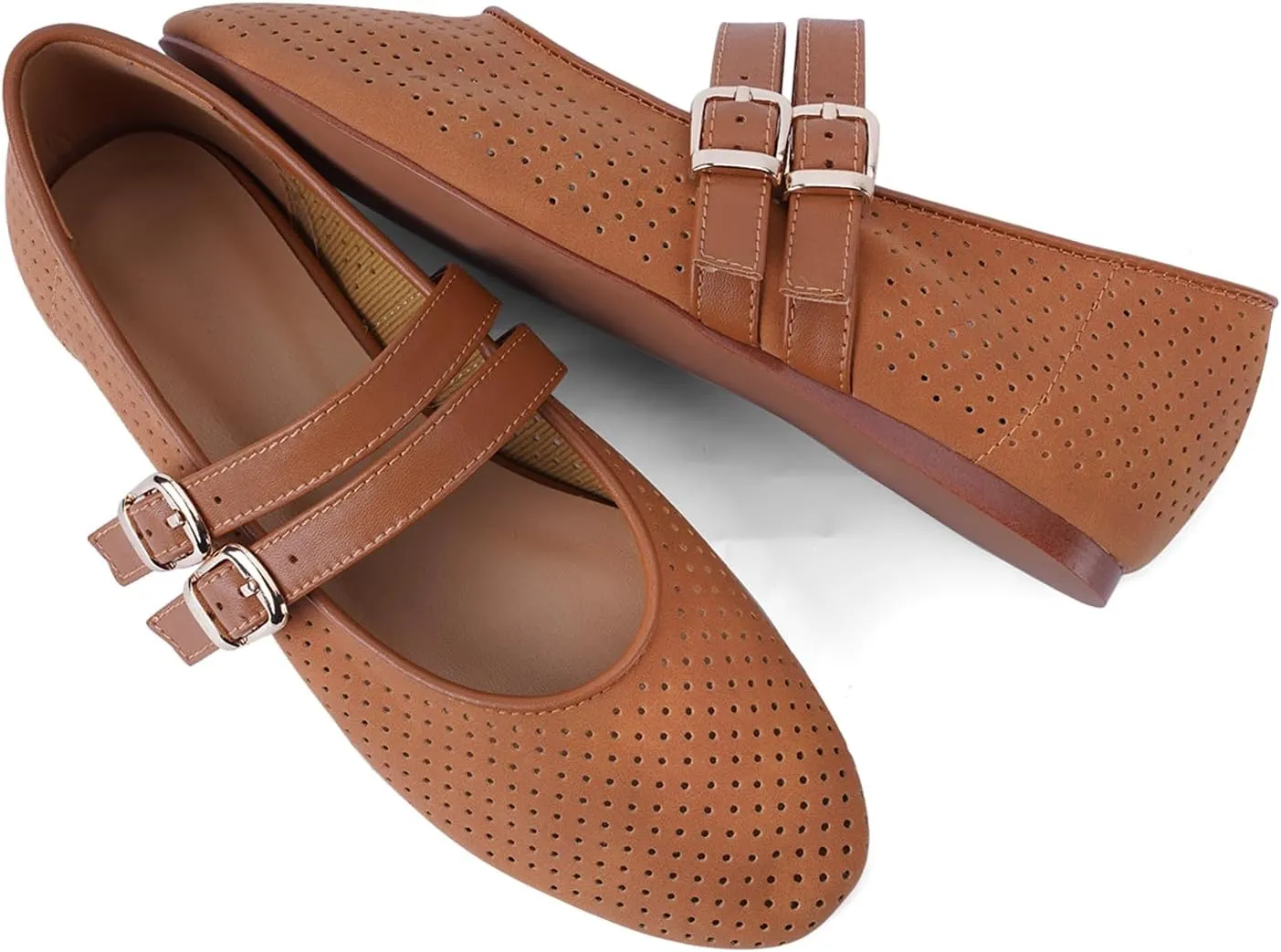 UBWDU Suede Mary Jane Flats for Women Perforated Round Toe Ballet Flats Comfortable Ballerina Shoes with Double Buckle Strap