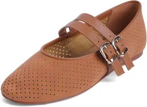 UBWDU Suede Mary Jane Flats for Women Perforated Round Toe Ballet Flats Comfortable Ballerina Shoes with Double Buckle Strap