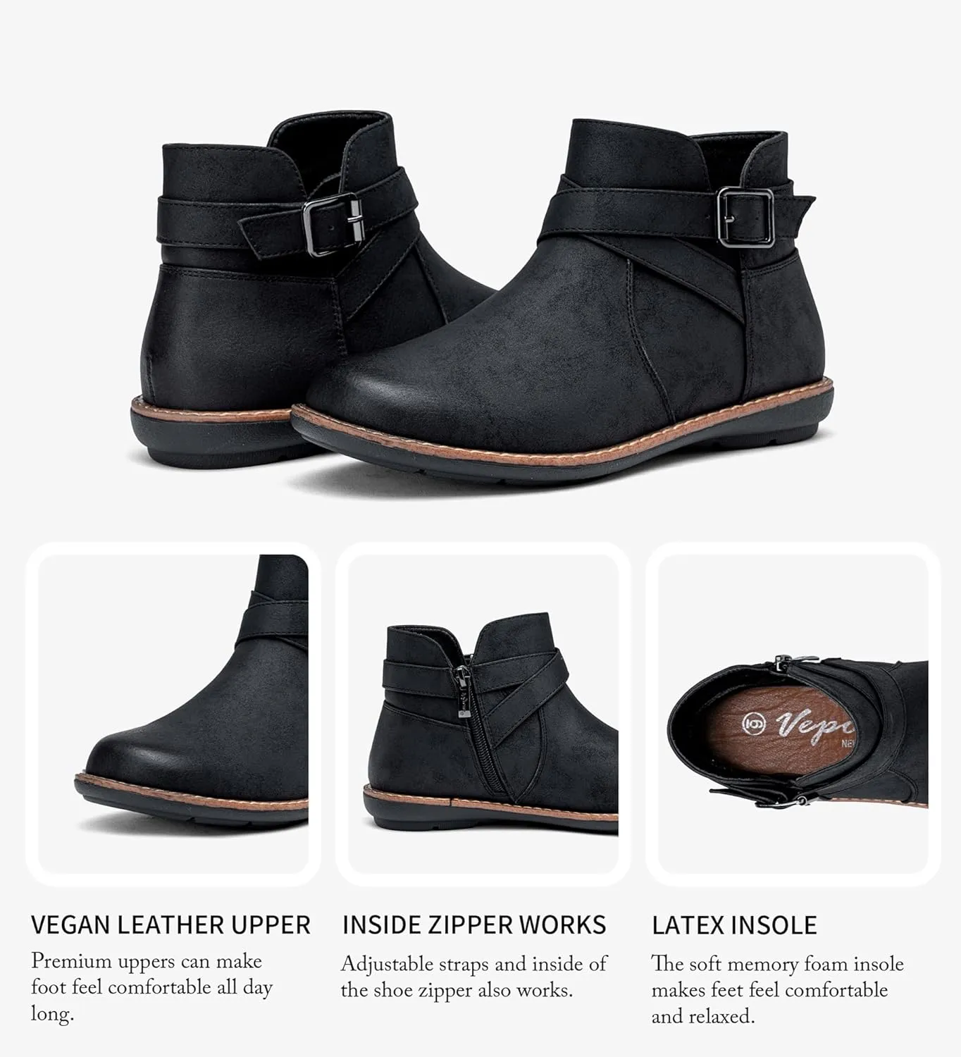 Vepose Womens 9005 Flat Ankle Boots, No Heel Round Toe Short Booties