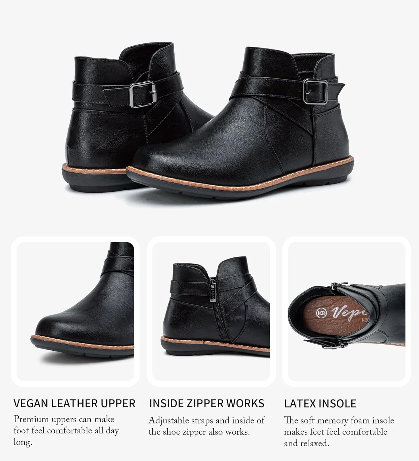 Vepose Womens 9005 Flat Ankle Boots, No Heel Round Toe Short Booties