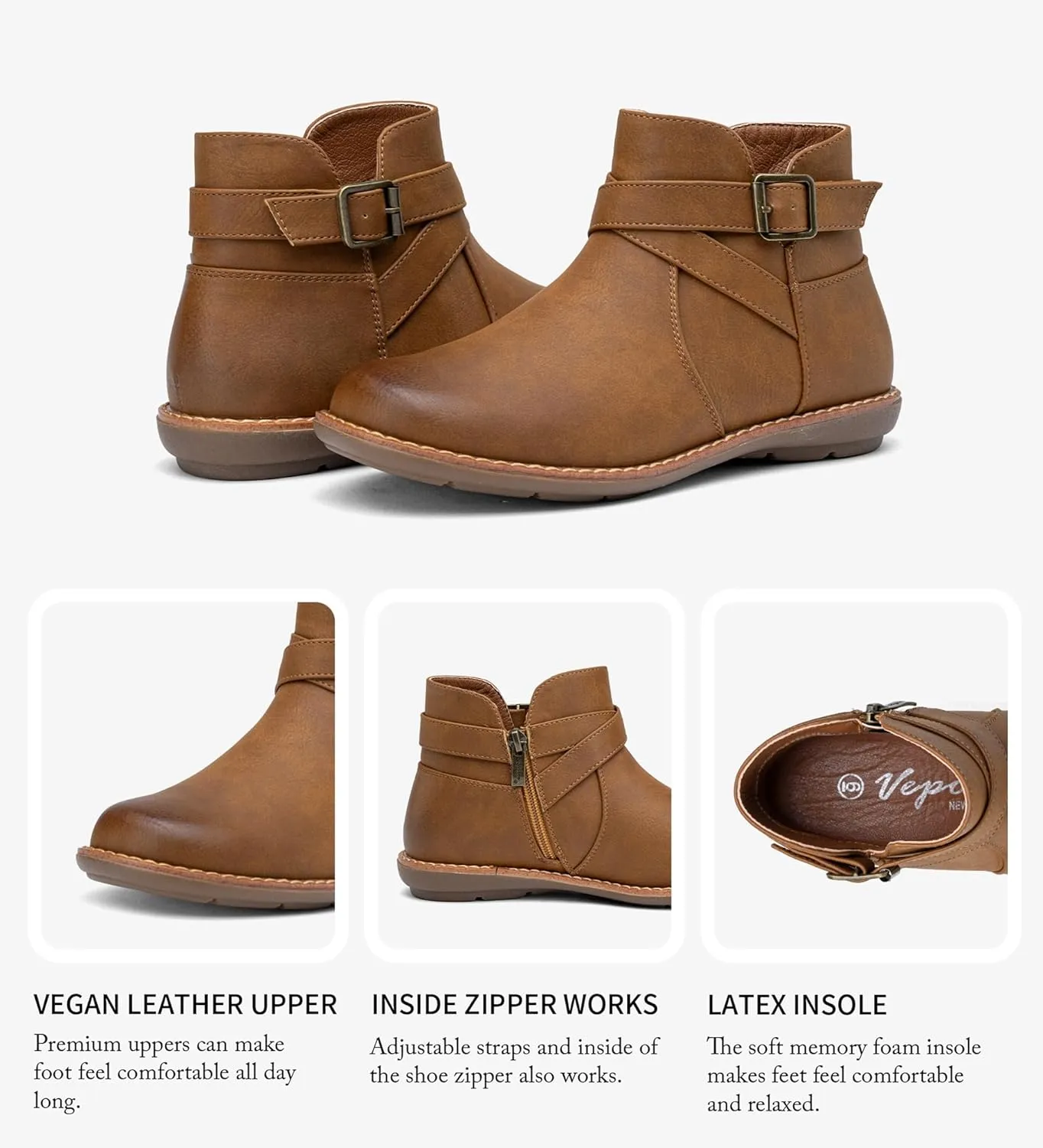 Vepose Womens 9005 Flat Ankle Boots, No Heel Round Toe Short Booties