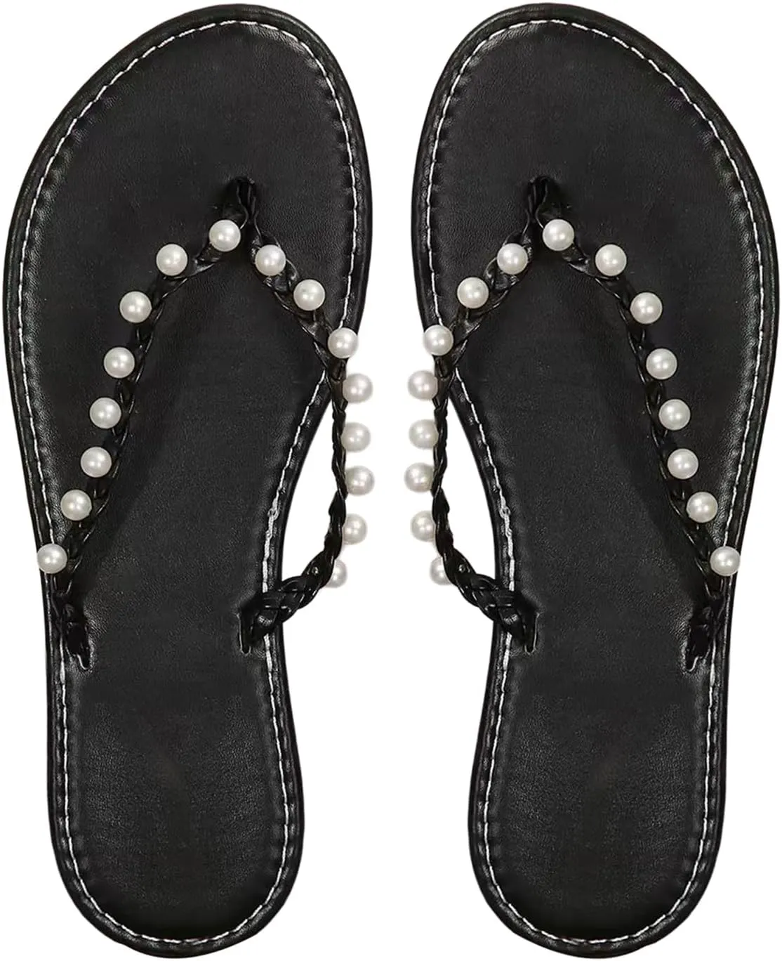 Verdusa Women's Faux Pearl Braided Flip Flops Open Toe Flat Leather Sandals