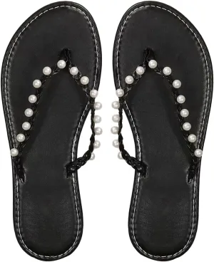 Verdusa Women's Faux Pearl Braided Flip Flops Open Toe Flat Leather Sandals