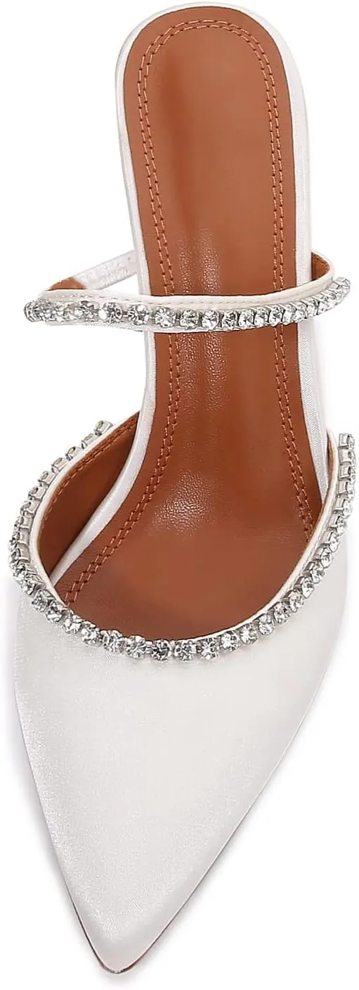 Vertundy Women's Mule Heels Rhinestones Strappy Stiletto Slide Pumps Slip On Sexy High Heels Sandals Closed Pointed Toe Backless Dressy Wedding Party Summer Shoes