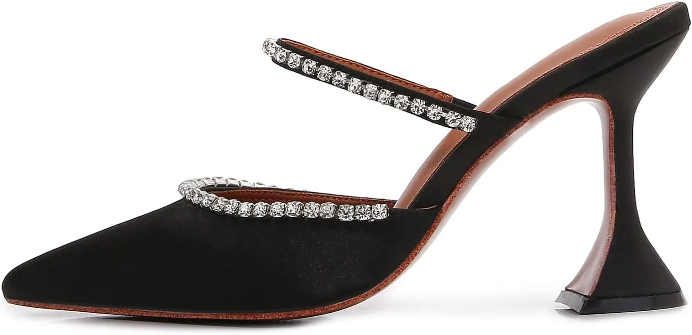 Vertundy Women's Mule Heels Rhinestones Strappy Stiletto Slide Pumps Slip On Sexy High Heels Sandals Closed Pointed Toe Backless Dressy Wedding Party Summer Shoes